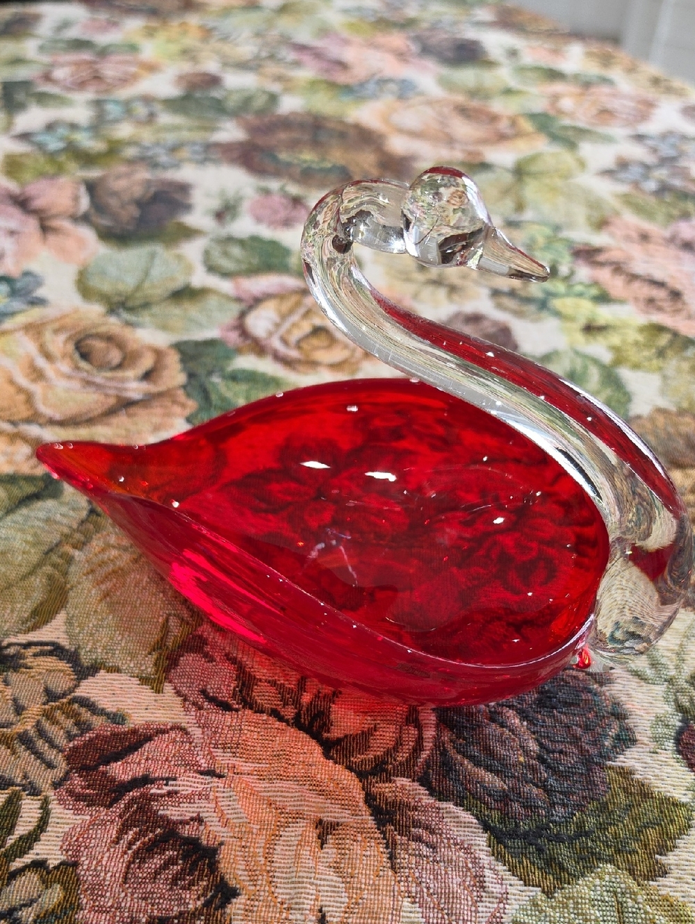 Vtg Japan Art Handblown Red Glass Swan Bowl with Clear Neck Trinket